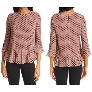 Ted Baker Blush Pink Black Polka Dot Textured Pleated 3/4 Sleeve Hellyn Top